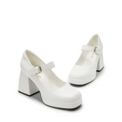 Square Toe Mary Jane Platform Pumps WHITE PU