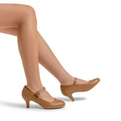 Low Kitten Heel Mary Jane Pumps TAN