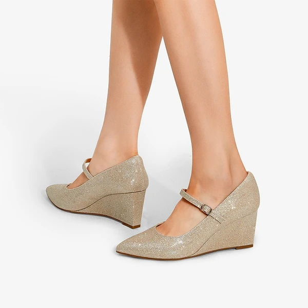 Mary Jane Strap Wedge Pumps GOLD GLITTER - Image 4