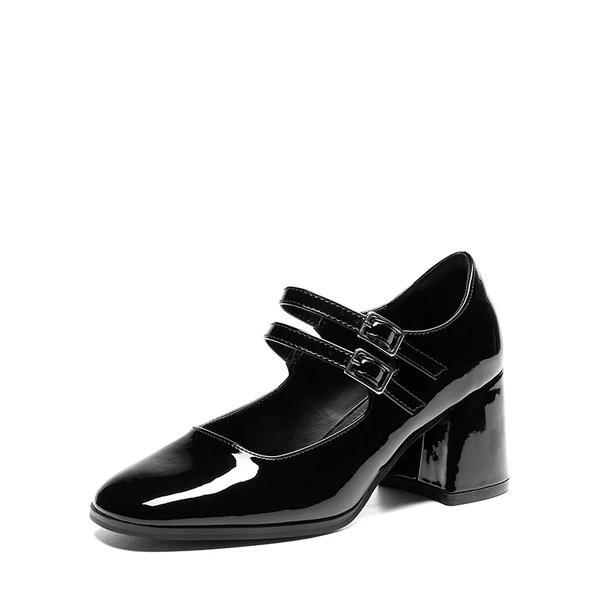 Double Straps Mary Janes Chunky Pumps BLACK-PAT - Image 2