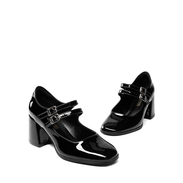 Double Straps Mary Janes Chunky Pumps BLACK-PAT