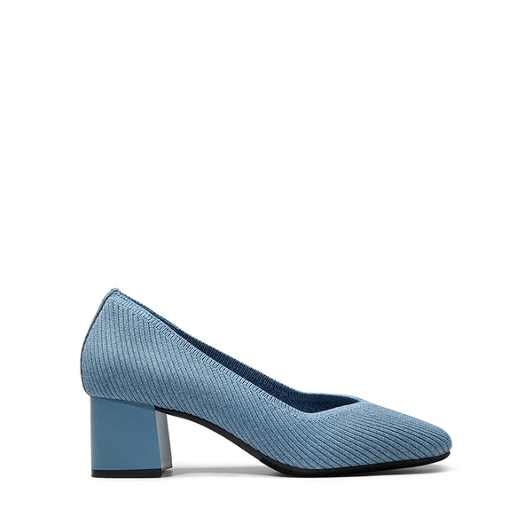 Square Toe Block Heel Knit Pumps DENIM BLUE - Image 3