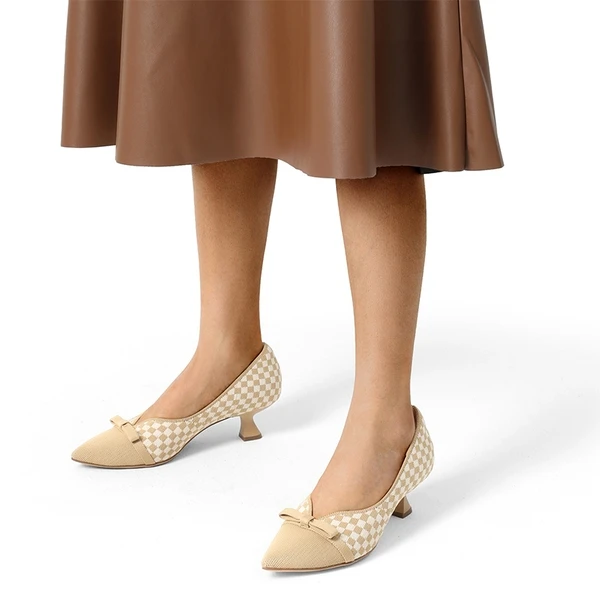 Comfortable Dressy Bow Pumps BEIGE GRID - Image 2