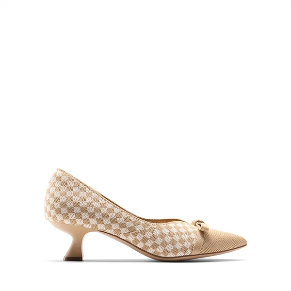 Comfortable Dressy Bow Pumps BEIGE GRID - Image 6