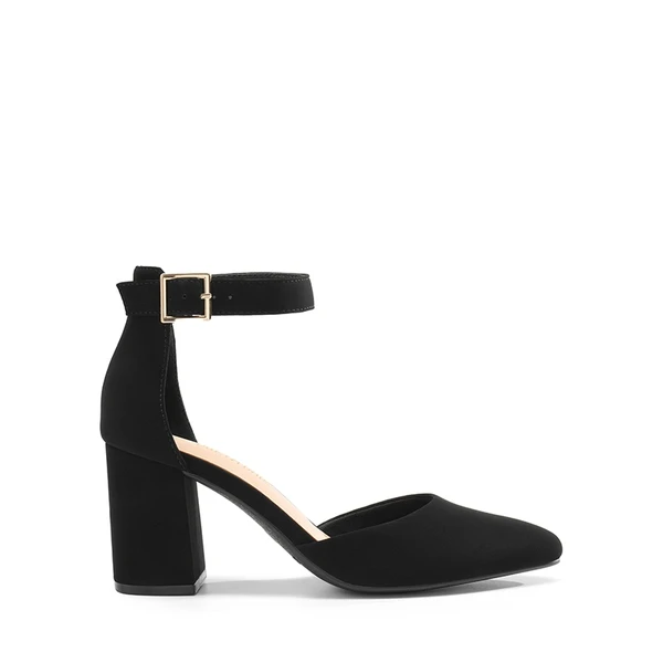 Pointed Toe Chunky Mid Heel Pumps BLACK-NUBUCK - Image 5