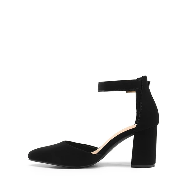 Pointed Toe Chunky Mid Heel Pumps BLACK-NUBUCK - Image 4