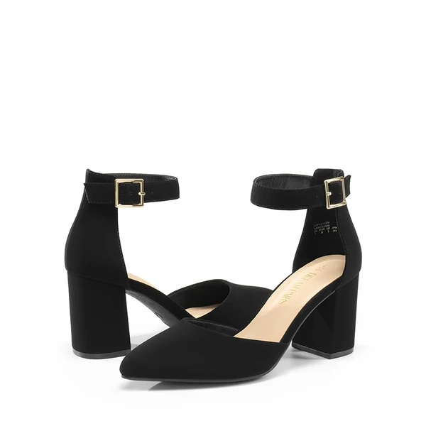 Pointed Toe Chunky Mid Heel Pumps BLACK-NUBUCK - Image 3