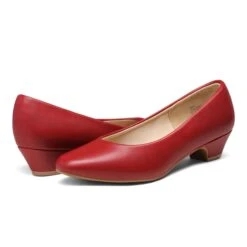 Low Heel Chunky Pump Shoes RED PU
