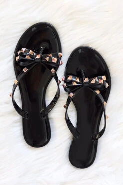 Studded Bow Flip Flops Jelly Sandals-Black