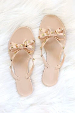 Studded Bow Flip Flops Jelly Sandals-Nude Beige