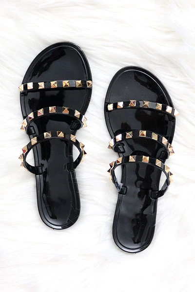 Studded Straps Jelly Flats Sandals-Black