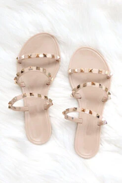 Studded Straps Jelly Flats Sandals-Nude Beige