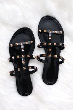 Strappy Studded Flip Flops Jelly Sandals-Black