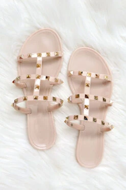 FLASH DEAL: Strappy Studded Flip Flops Jelly Sandals-Nude Beige (Size 6)