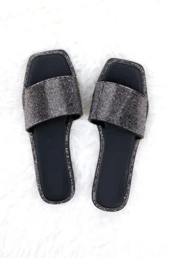 Rhinestone Single Band Sandals Slides-Black