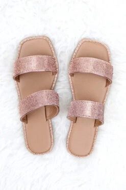 Rhinestone Two Band Sandals Slides-Rose Gold