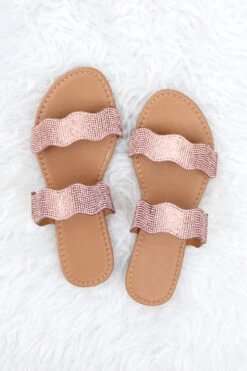 Wavy Rhinestone Two Band Sandals Slides-Rose Gold