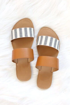 Mixed Two Strap Band Sandals-Brown And Grey Striped