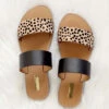 Animal Print Mixed Two Strap Band Sandals-Black & Leopard Print