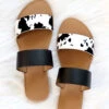 FLASH DEAL: Animal Print Mixed Two Strap Band Sandals-Black And White Cow Print (Size 6)