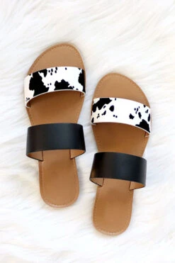 FLASH DEAL: Animal Print Mixed Two Strap Band Sandals-Black And White Cow Print (Size 6)