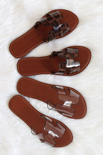 Clear H Band Cutout Sandals Slides-Clear Leopard Print - Image 2