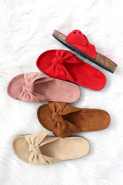 Faux Suede Bow Sandals-Red - Image 2