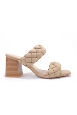 Braided Woven Sandals With Chunky Wooden Heels-Taupe Nude