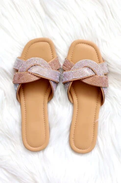Rhinestone Twisted Band Sandals Slides-Rose Gold Clear