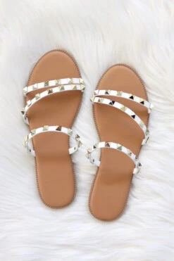Strappy Studded Sandals With Diagonal Straps-White