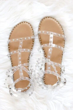 Clear Strappy Studded Sandals With Vertical And Ankle Strap And Studded Sole-Tan & Clear