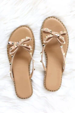 Studded Bow Flip Flops Jelly Sandals With Gold Studded Trim Sole-Taupe