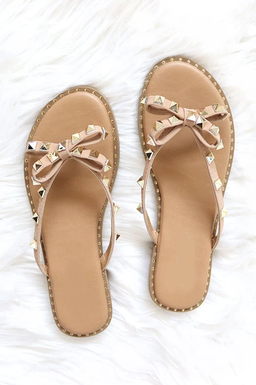 Studded Bow Flip Flops Jelly Sandals With Gold Studded Trim Sole-Taupe