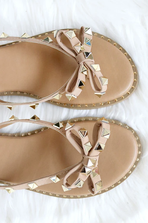 Studded Bow Flip Flops Jelly Sandals With Gold Studded Trim Sole-Taupe - Image 2