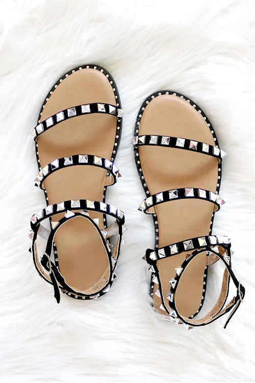 Strappy Studded Sandals With Ankle Strap And Silver Trim-Black