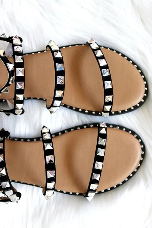 Strappy Studded Sandals With Ankle Strap And Silver Trim-Black - Image 2