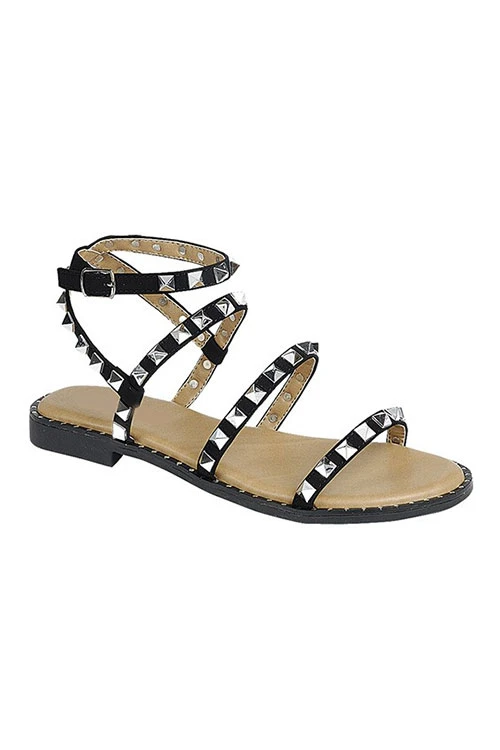 Strappy Studded Sandals With Ankle Strap And Silver Trim-Black - Image 3
