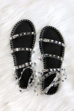 Clear Strappy Studded Sandals With Ankle Strap And Silver Trim-Black & Clear