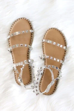 Clear Strappy Studded Sandals With Ankle Strap And Gold Trim-Tan & Clear