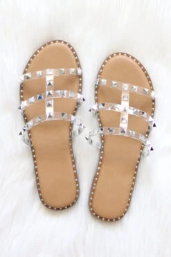 Strappy Studded Sandals With Vertical Strap And Gold Trim-Tan & Clear