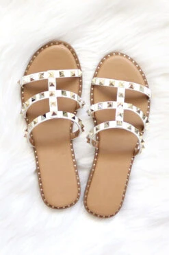 Strappy Studded Sandals With Vertical Strap And Gold Trim-White