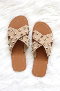 Cross Band X Strap Studded Sandals-Taupe