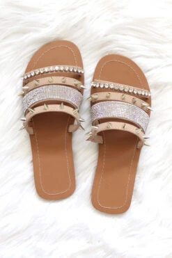 Studded And Rhinestone Strappy Sandals-Taupe