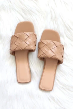 Woven Single Band Slides Sandals-Camel Brown