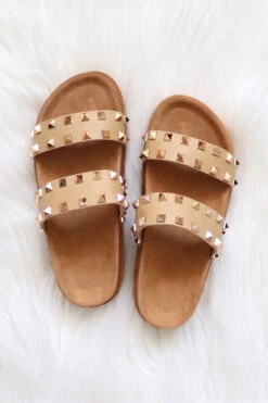 Studded Double Strap Platform Sandals Slides-Tan Brown