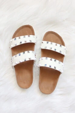 Studded Double Strap Platform Sandals Slides-White