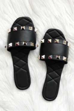 Studded Single Band Sandals Slides-Black