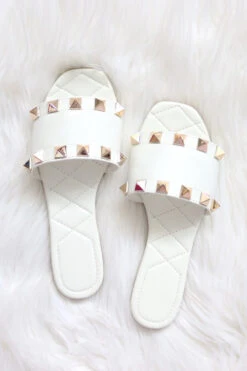 Studded Single Band Sandals Slides-White