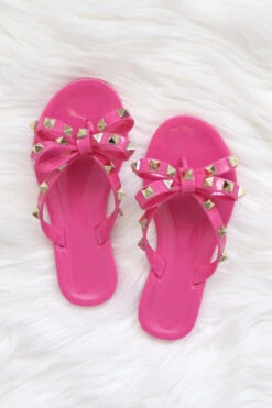 KIDS Girls Studded Bow Flip Flops Jelly Sandals-Fuschia Hot PInk