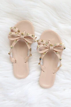 KIDS Girls Studded Bow Flip Flops Jelly Sandals-Nude Beige
